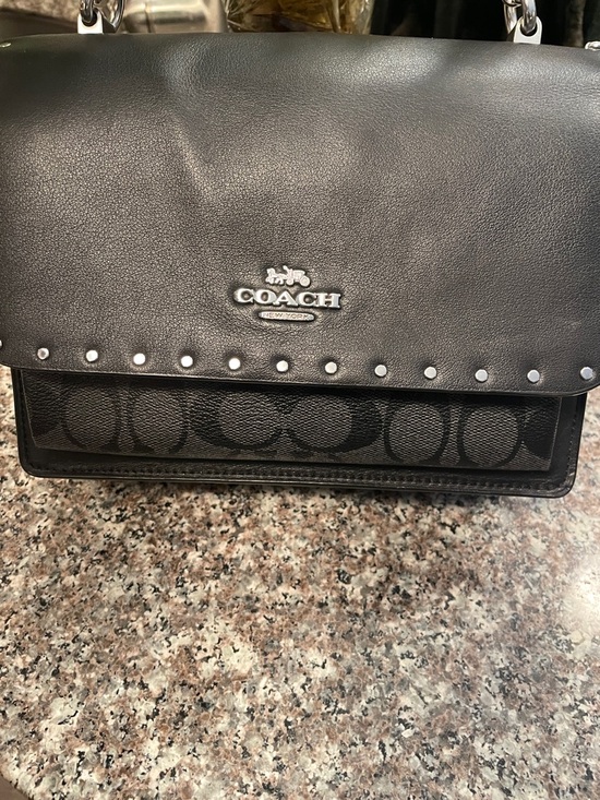 Coach Handbags - Coach Black Leather & Signature Canvas Chain Shoulder Bag with Silver Studs